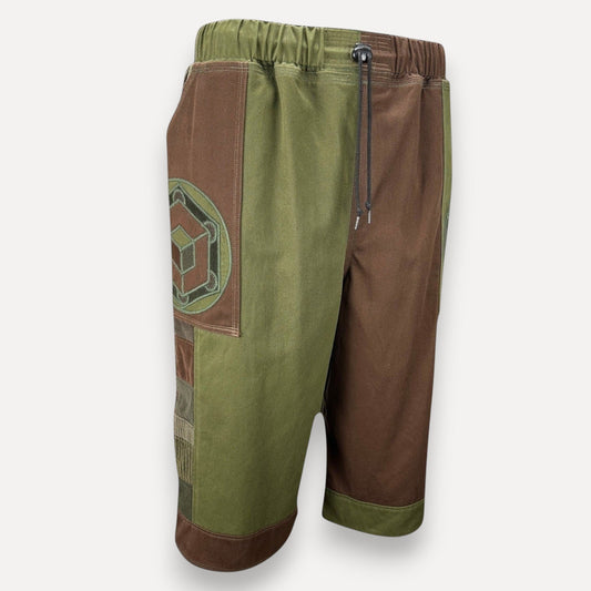 nowAwear olive green and brown color-blocked shorts with an elastic drawstring waist and geometric side patch