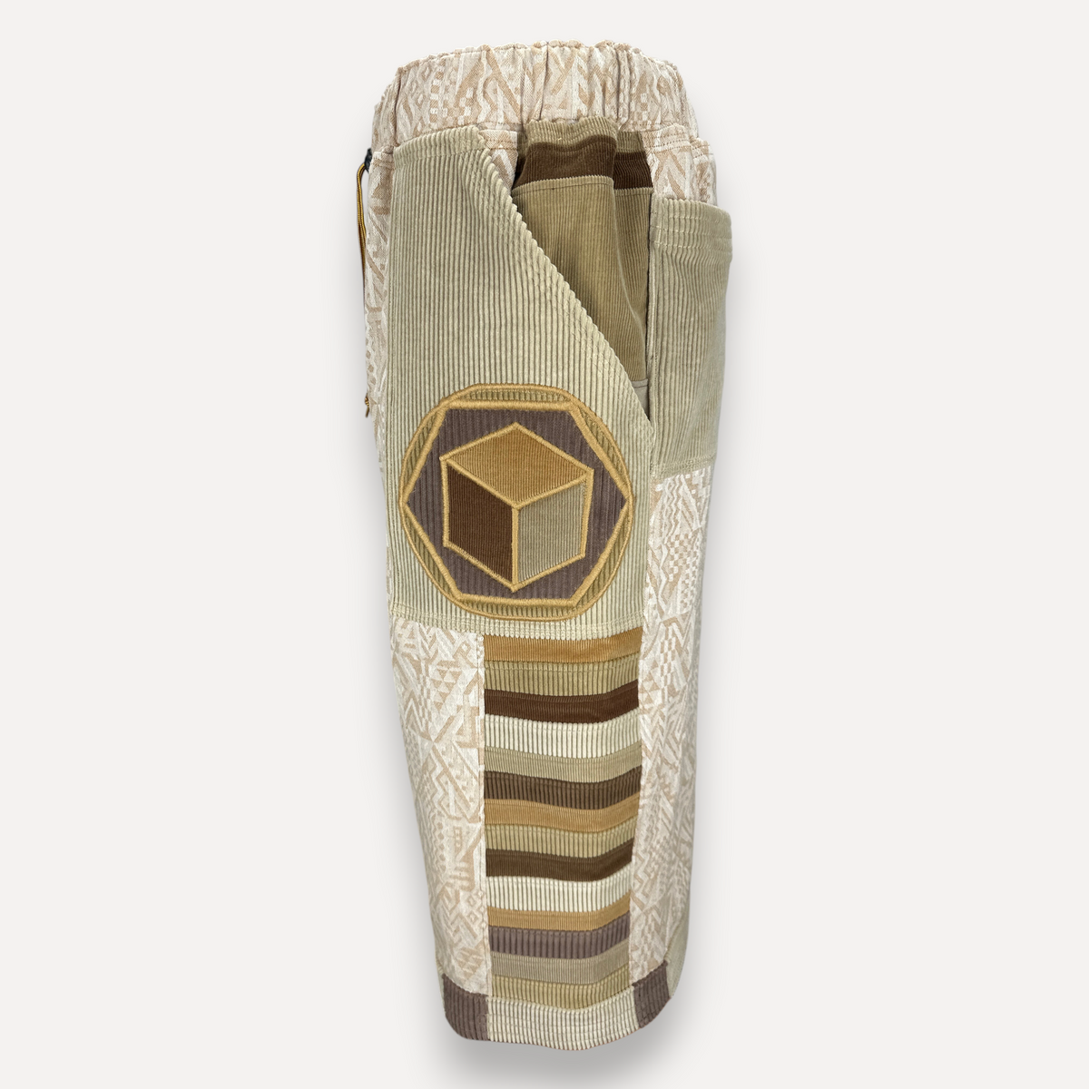 nowAwear medium length shorts in beige and brown corduroy with geometric patch and patterned cotton panels