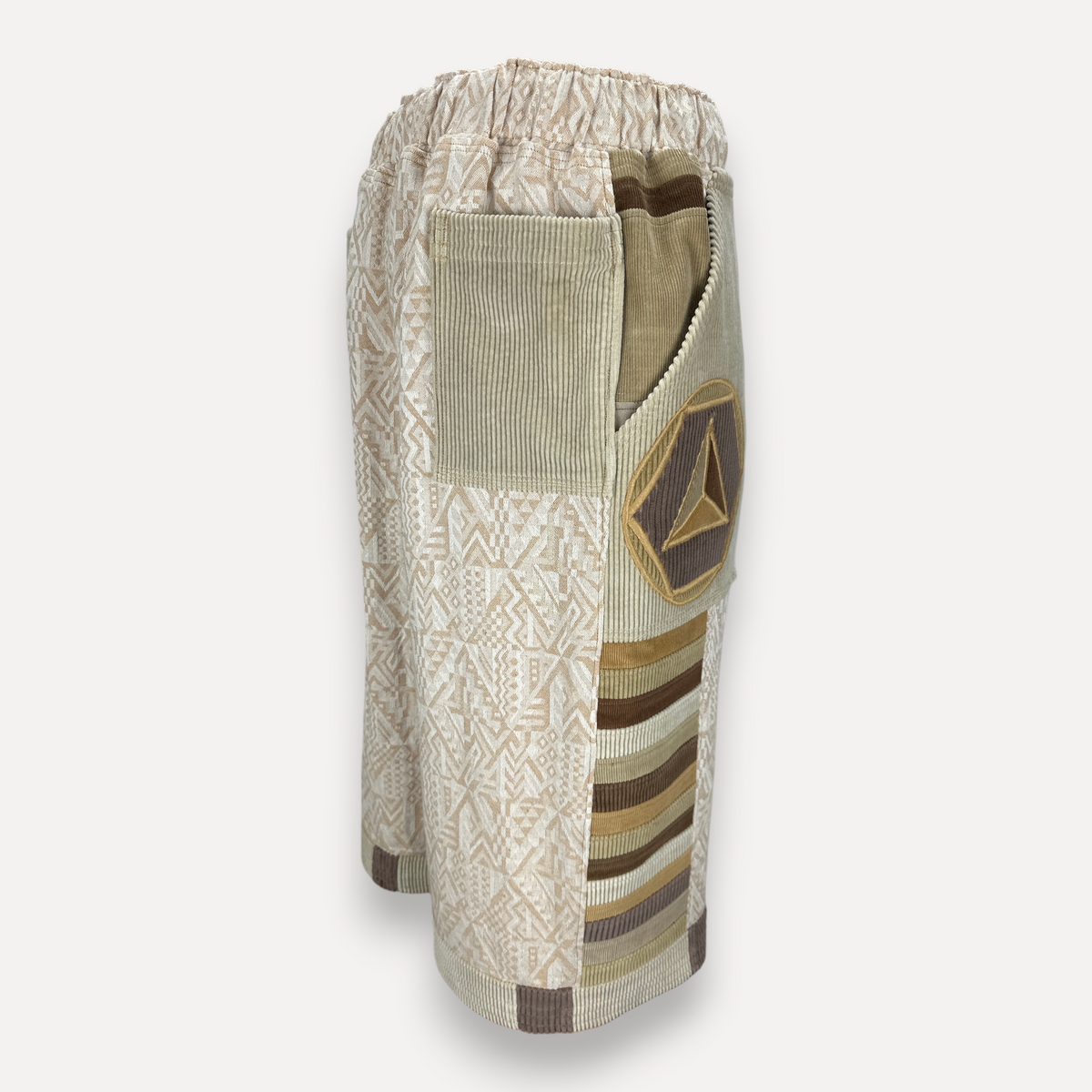 nowAwear medium length shorts in beige and brown geometric patterned cotton with corduroy pocket detail