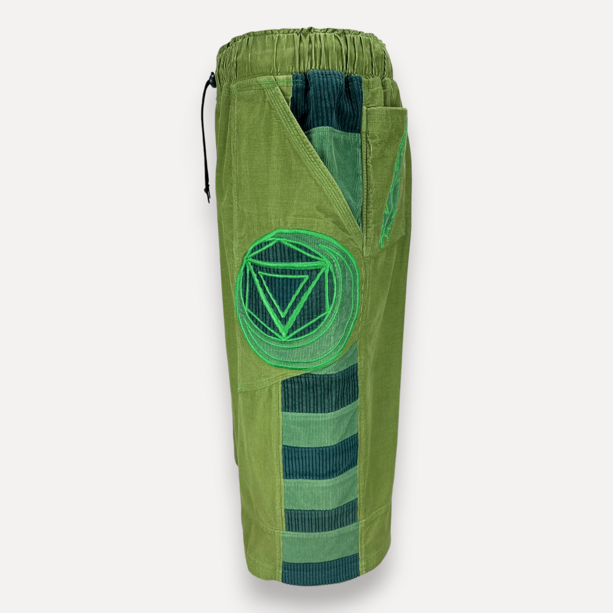 nowAwear medium green corduroy shorts featuring dark green striped panels and a circular geometric embroidery design