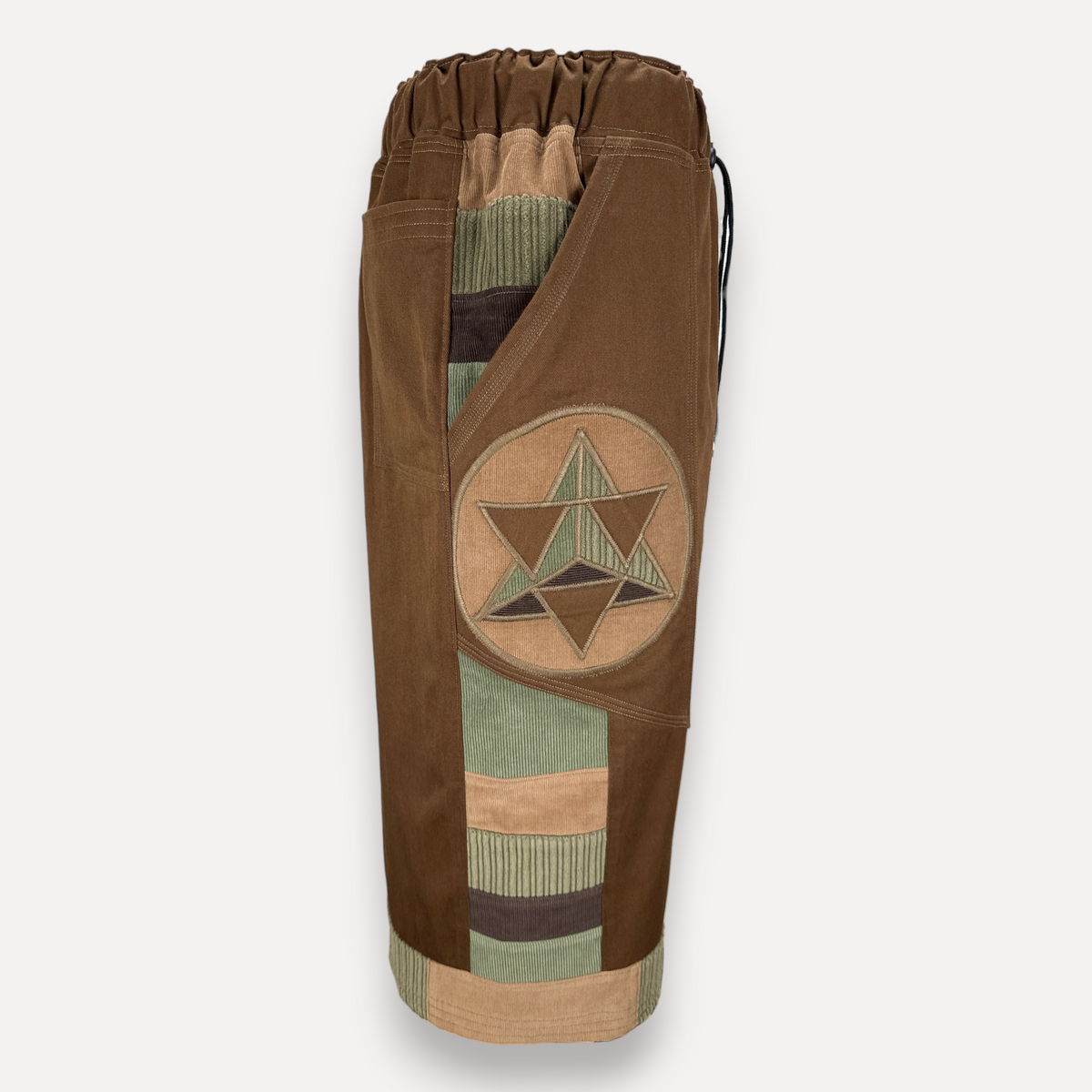 nowAwear brown medium twill shorts featuring corduroy patchwork panels and a geometric star embroidery detail