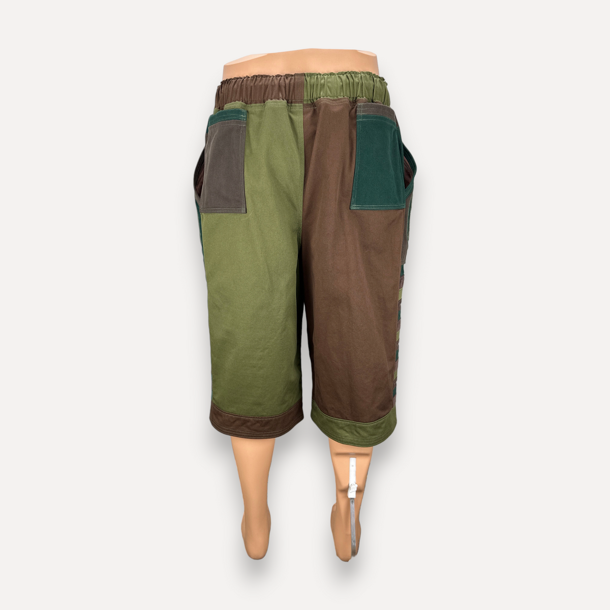 nowAwear medium brown and olive green color-blocked cotton shorts with elastic waistband and large side pockets