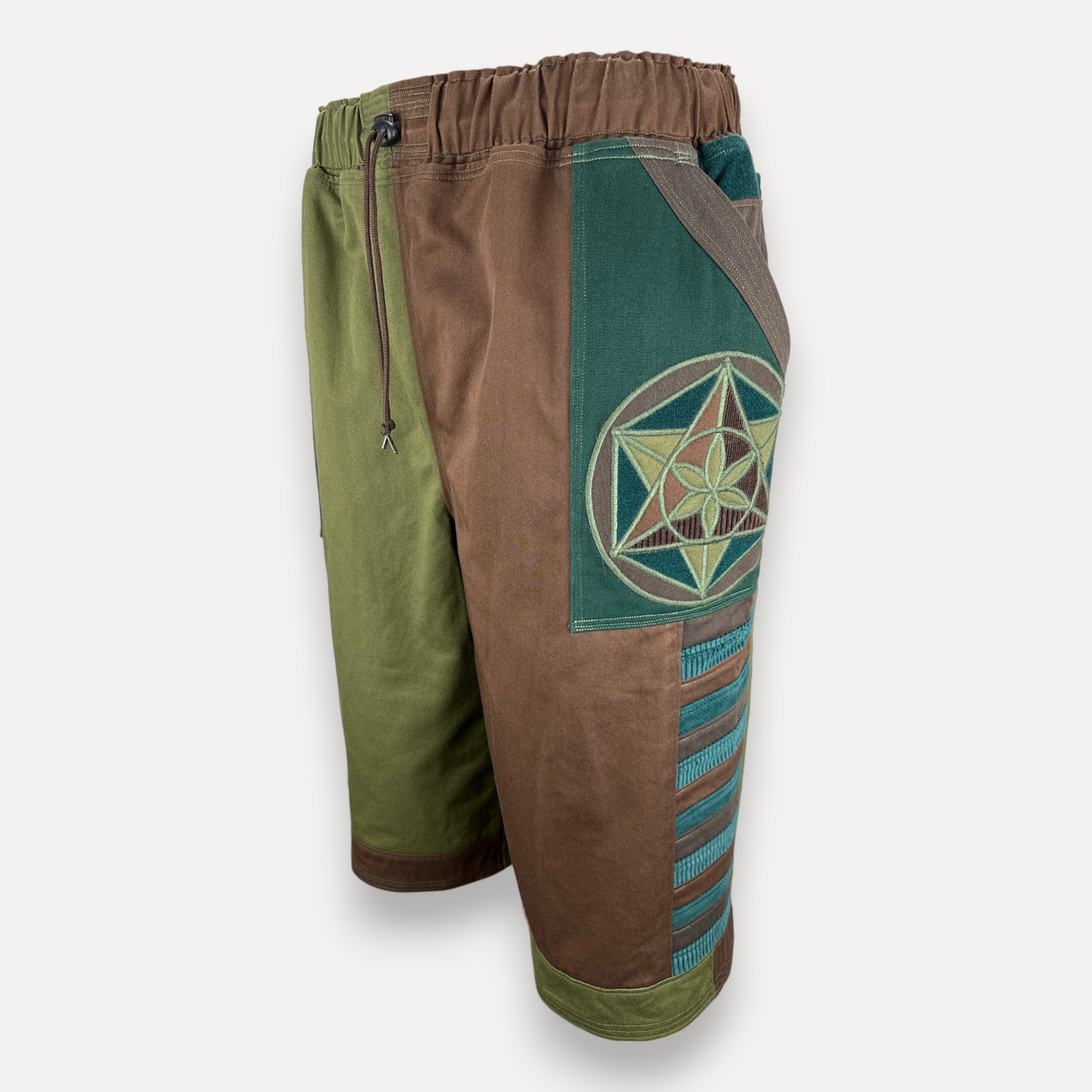 nowAwear medium brown and green cotton shorts with geometric embroidery and striped side panel detail