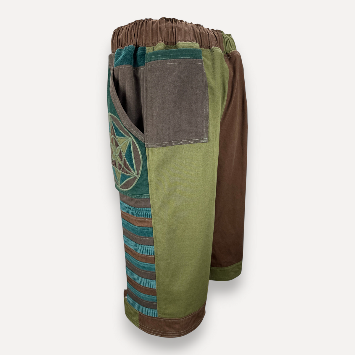 nowAwear medium brown and green patchwork shorts with geometric embroidery and corduroy panel details