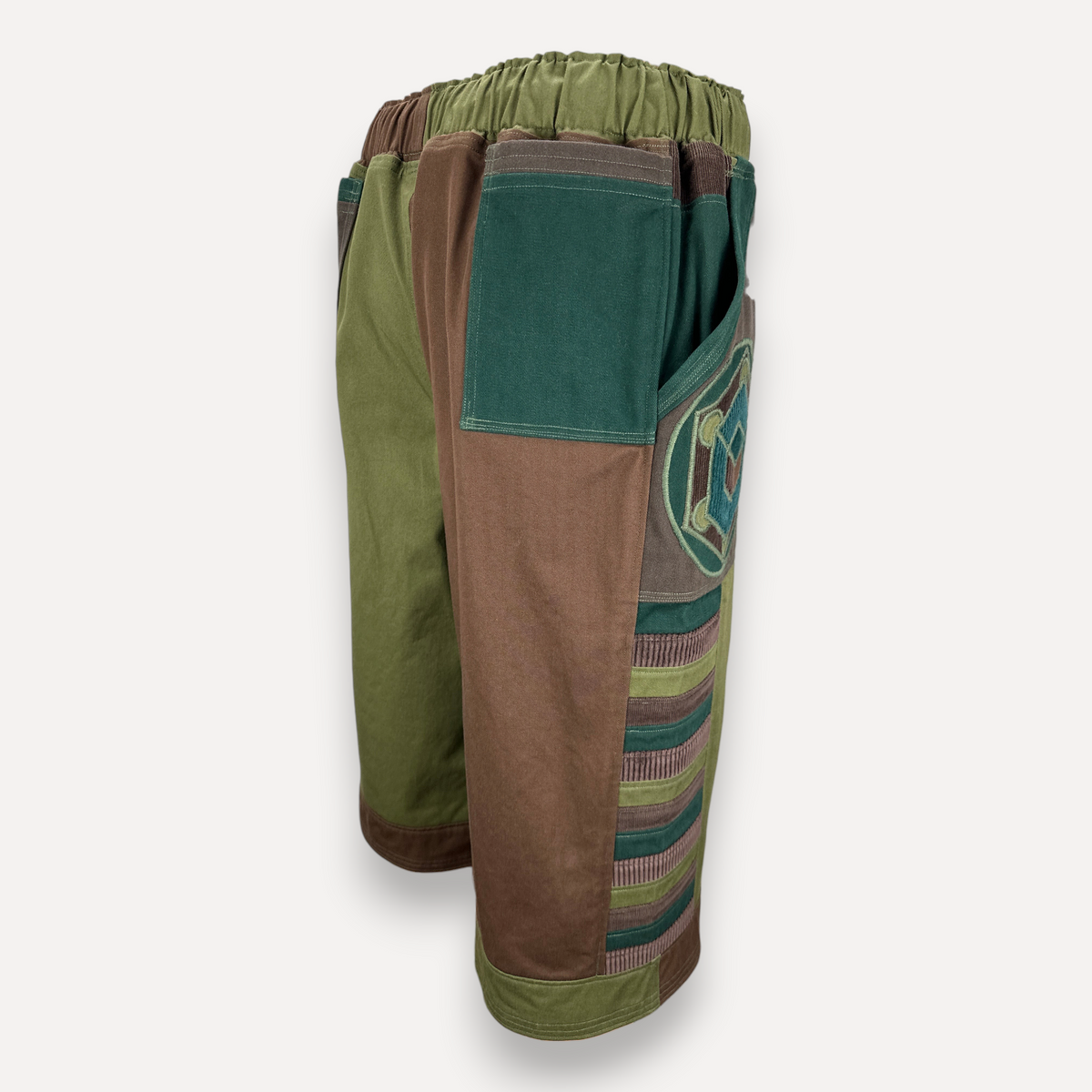 nowAwear medium brown and olive green patchwork shorts with an elastic waistband and side pocket embroidery