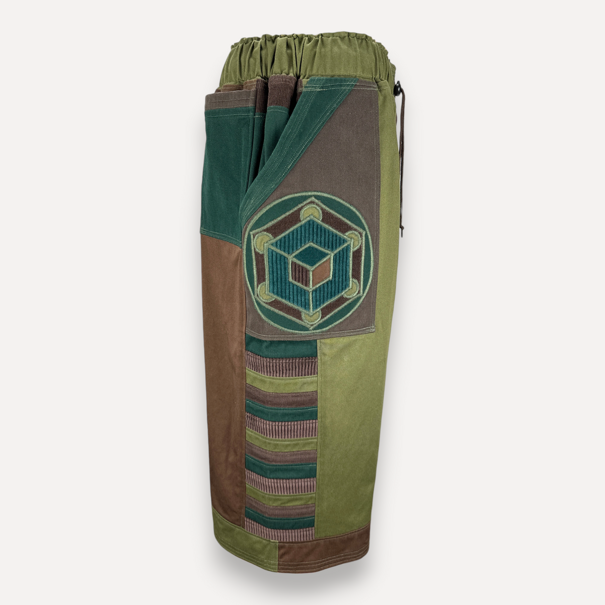 nowAwear medium brown and green patchwork shorts with a geometric cube embroidery and elasticated waistband
