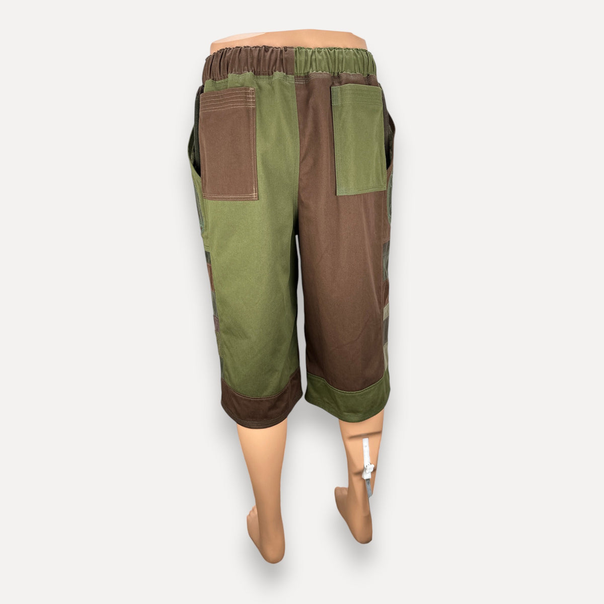 nowAwear color-blocked shorts in olive green and brown with large patch pockets and an elastic waistband