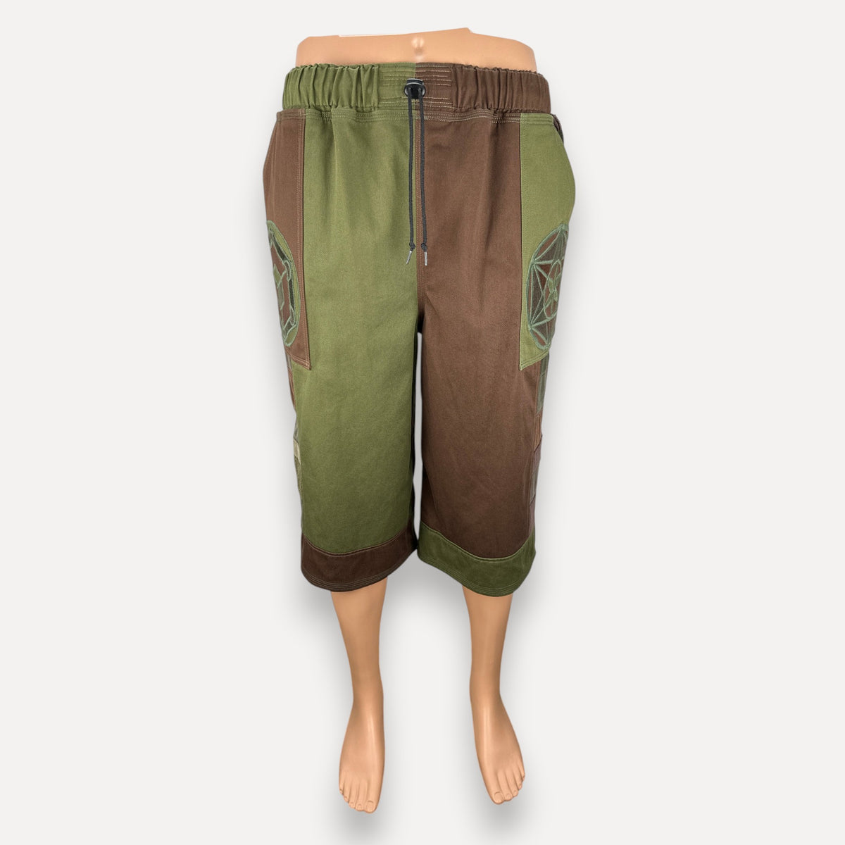 nowAwear two-tone olive green and brown cotton shorts with drawstring waist and geometric side pocket embroidery