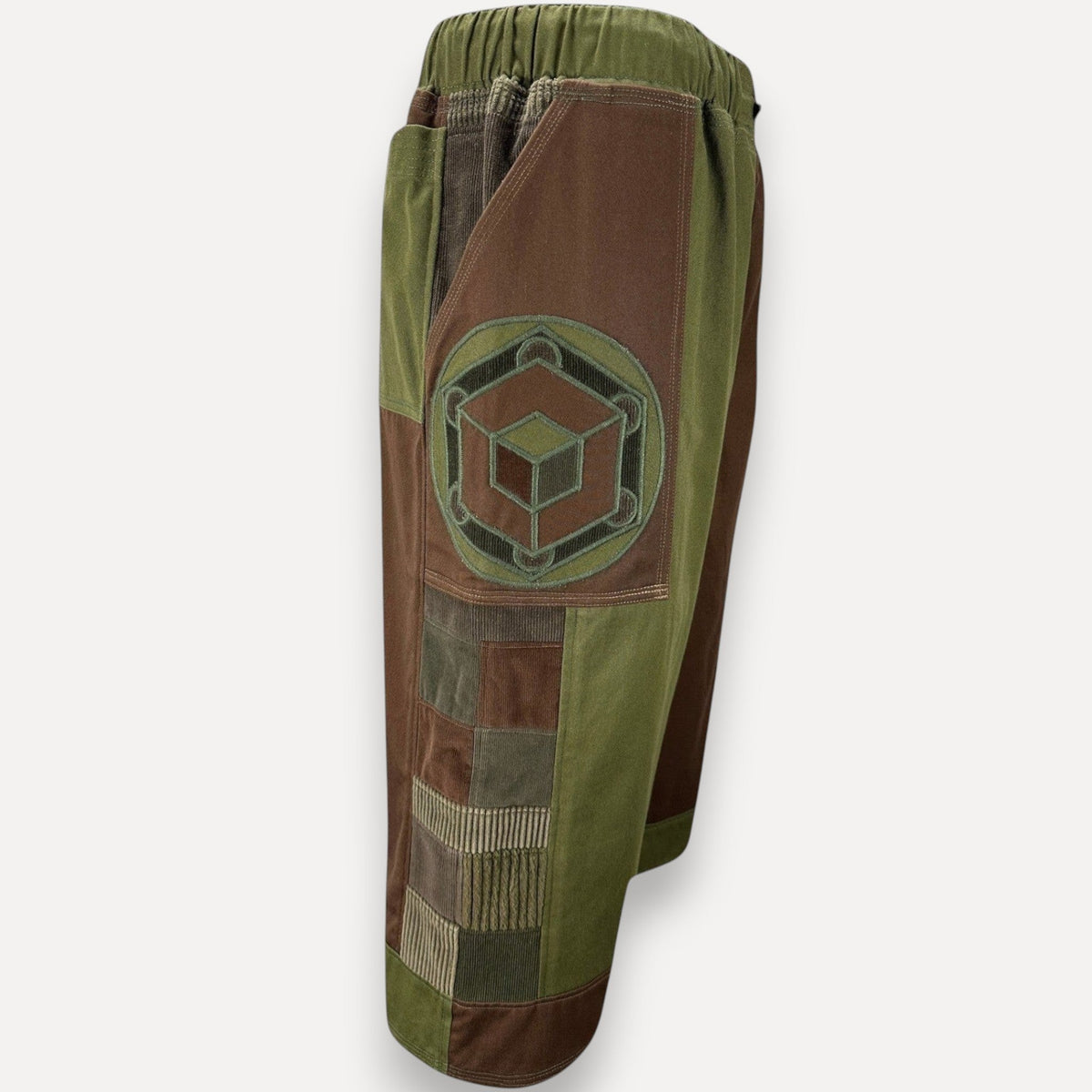 nowAwear olive and brown patchwork corduroy shorts featuring a geometric cube embroidery on the side pocket